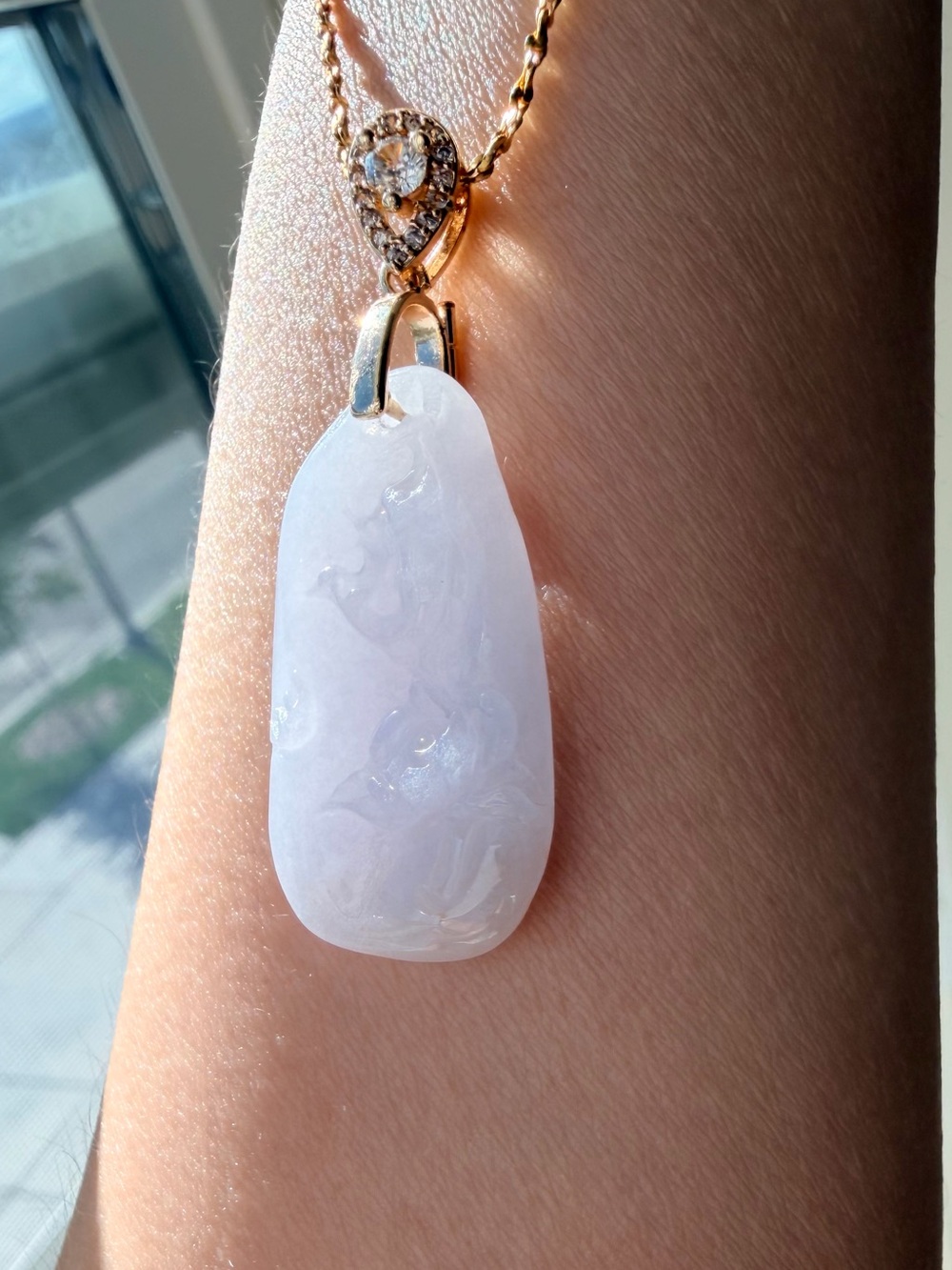 Natural Grade A Burmese Icy Pink Lavender Jadeite "Lotus & Carp" Pendant